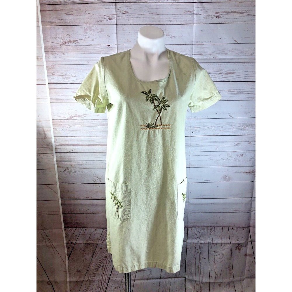 Blue J Womens Size S Olive Green T-Shirt Dress Short Sleeve Pockets Embroidered